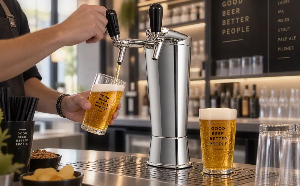 Barista che spilla una birra dalla colonna cromata al bancone